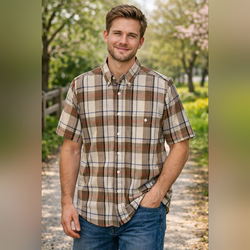 Lobo By Pendleton Plaid Short Sleeve Shirt - Brown/Cream Button Down Size M